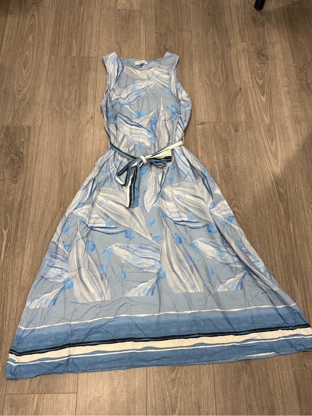 Woman’s Italy linen Sleeveless Blue Floral Midi Dress with Tie Belt